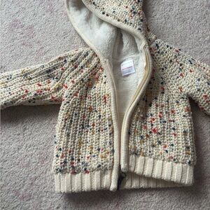 Hanna Andersson Cream Knit Hooded Jacket with Multicolor Speckles